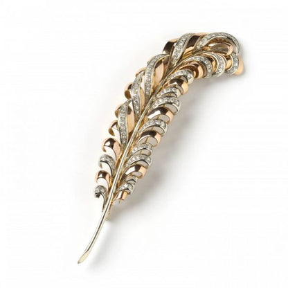 Vintage Gold Diamond Feather Brooch, 3.50cts brilliant-cut and single-cut diamonds set within white gold plumage, all mounted in 18ct yellow gold, Circa 1950