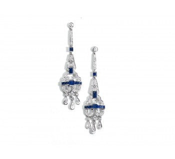 Vintage Diamond, Sapphire and Platinum Chandelier Drop Earrings; set with round brilliant-cut diamonds and baguette-cut sapphires, Circa 1980