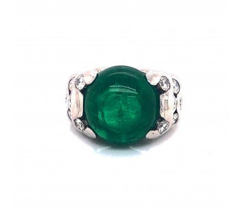 Vintage French 13.00ct Cabochon Emerald and Diamond Cocktail Ring
