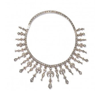 Antique Victorian Old Cut Diamond Fringe Necklace, 34.00 carat total, set with old-cut, kite and crescent-shaped diamonds, Mounted in silver-upon-gold. Circa 1880