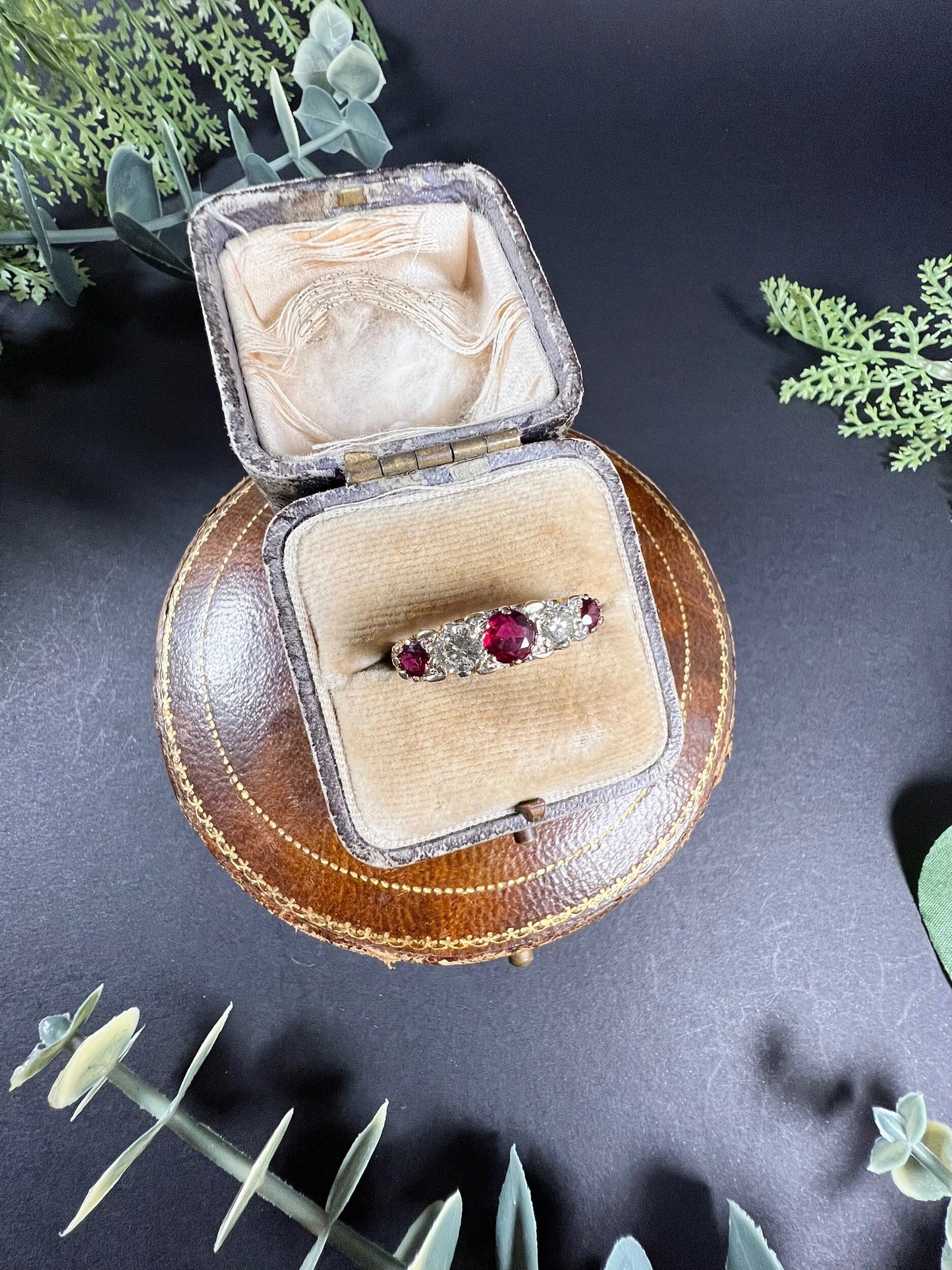 Vintage 18 Carat Yellow Gold Ruby and Diamond Carved Ring, Circa 1980