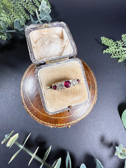 Vintage 18 Carat Yellow Gold Ruby and Diamond Carved Ring, Circa 1980