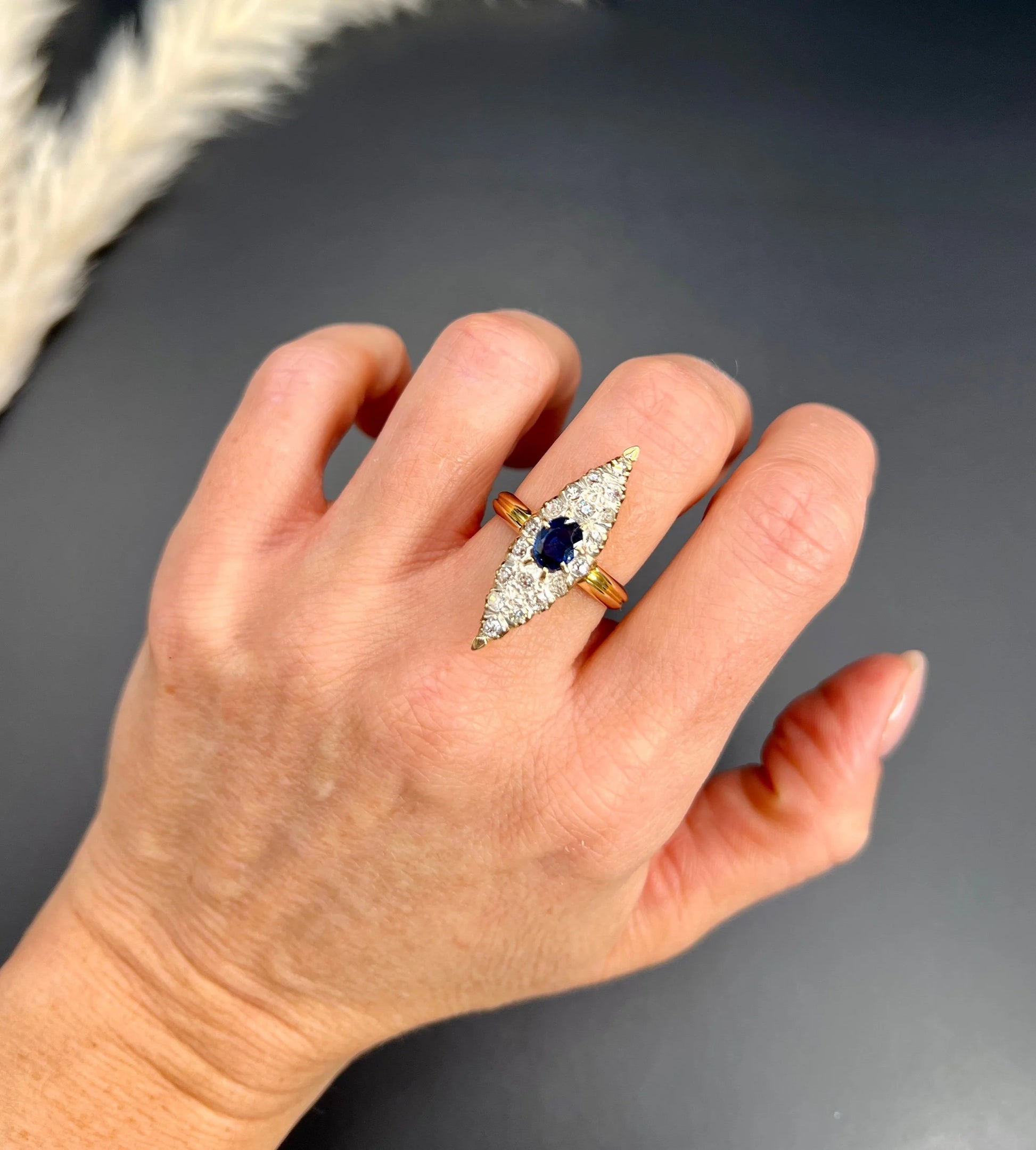 Antique 9 ct Yellow Gold, Victorian Sapphire And Diamond Marquise Navette Shaped Ring