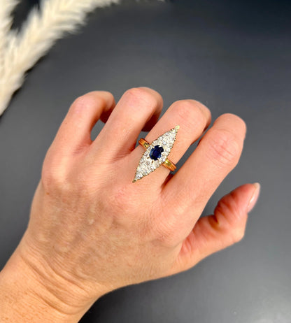 Antique 9 ct Yellow Gold, Victorian Sapphire And Diamond Marquise Navette Shaped Ring