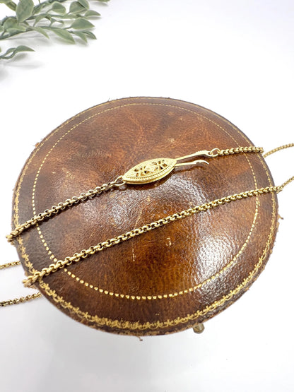 Antique 18 ct Gold, 1920's 23 Inch Fancy Oval & Round Link Belcher Chain With Filigree Clasp