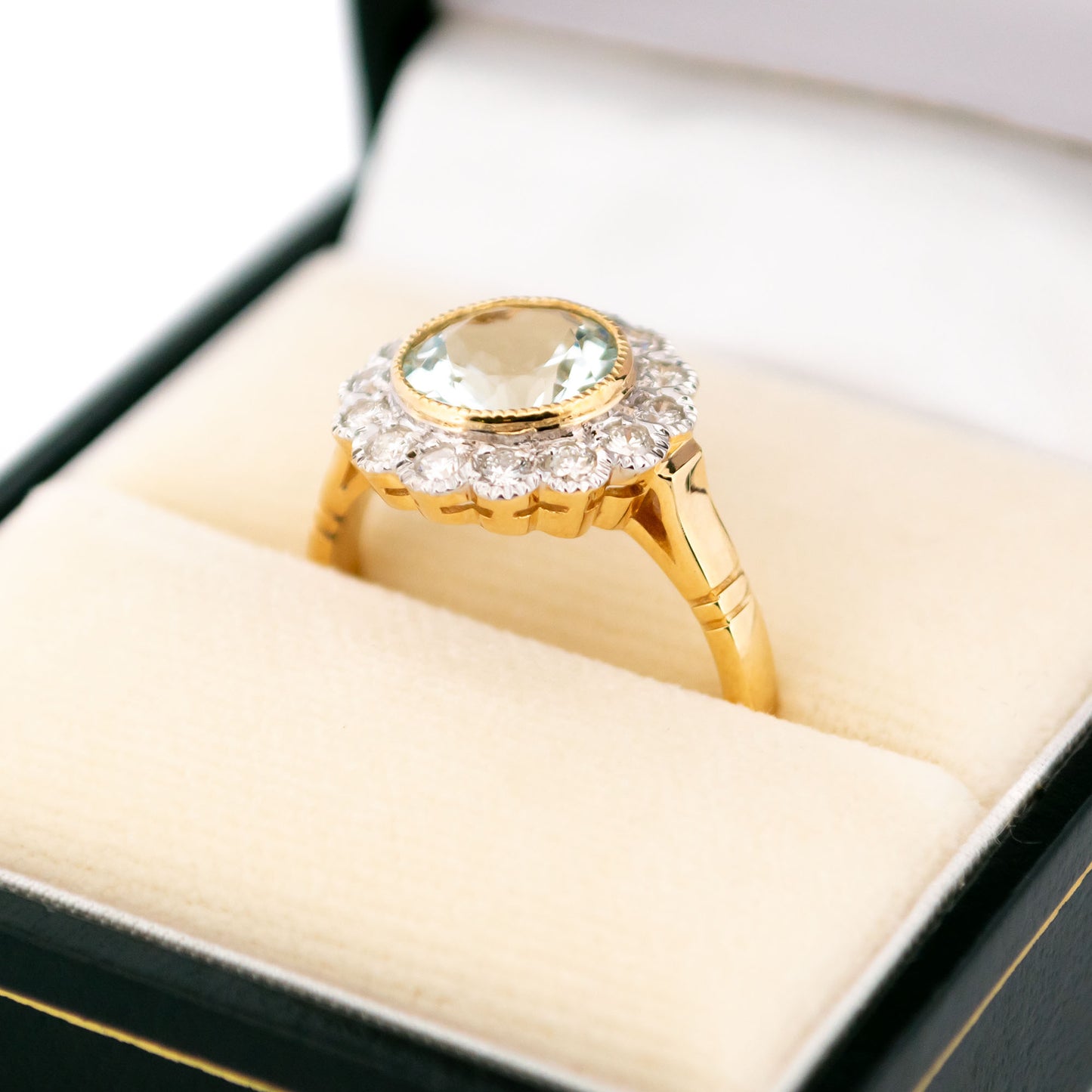 14 Carat Yellow and White Gold Aquamarine and Diamond Cluster Ring