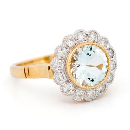 14 Carat Yellow and White Gold Aquamarine and Diamond Cluster Ring