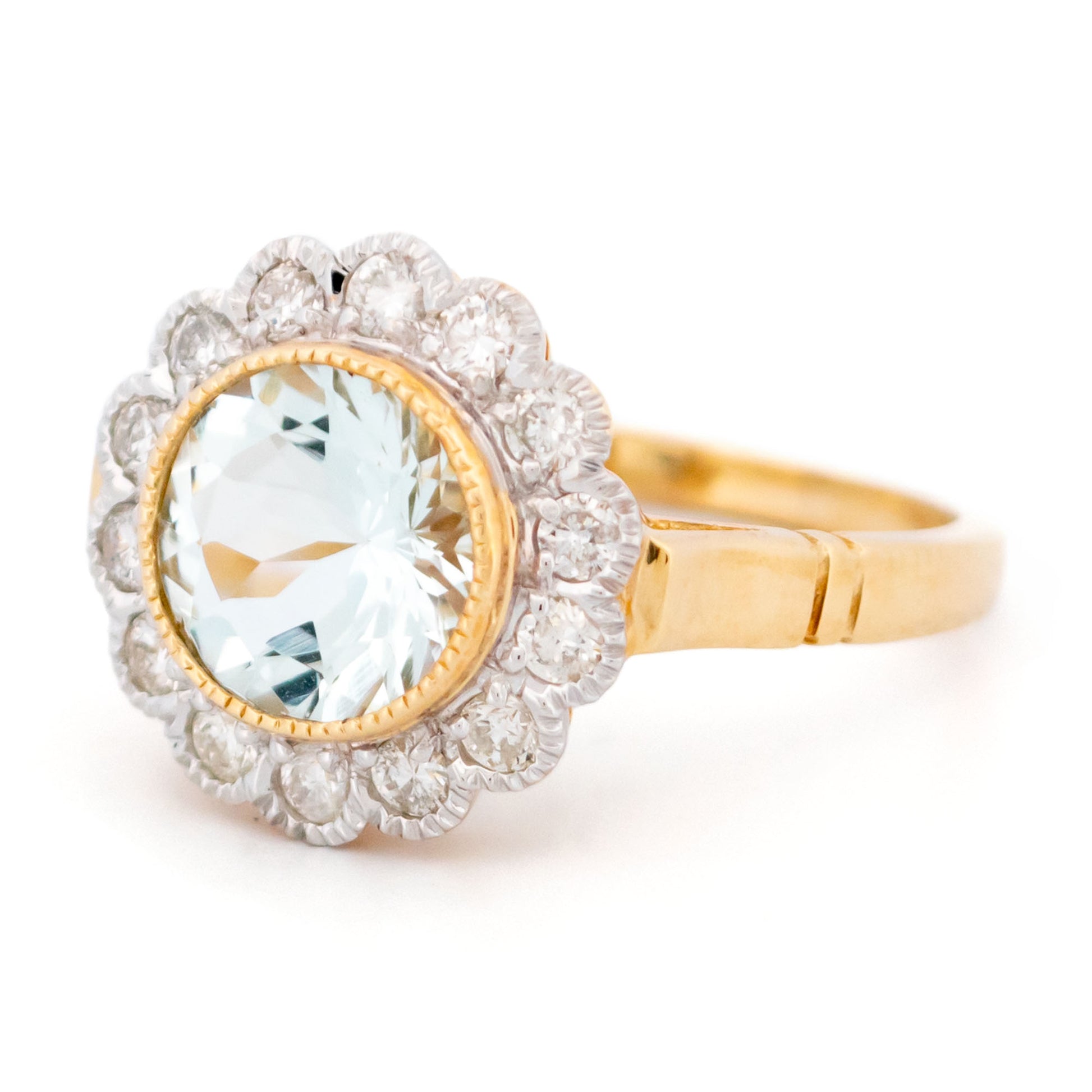 14 Carat Yellow and White Gold Aquamarine and Diamond Cluster Ring