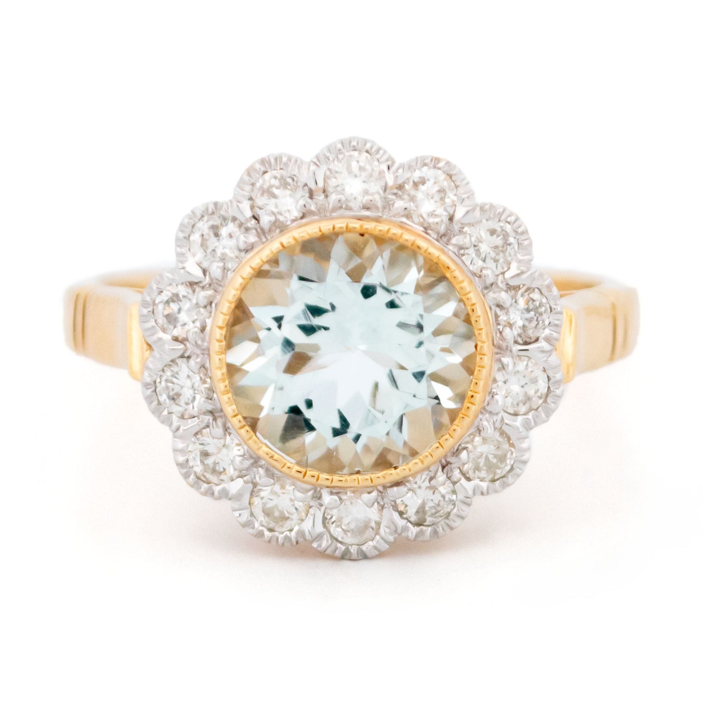 14 Carat Yellow and White Gold Aquamarine and Diamond Cluster Ring