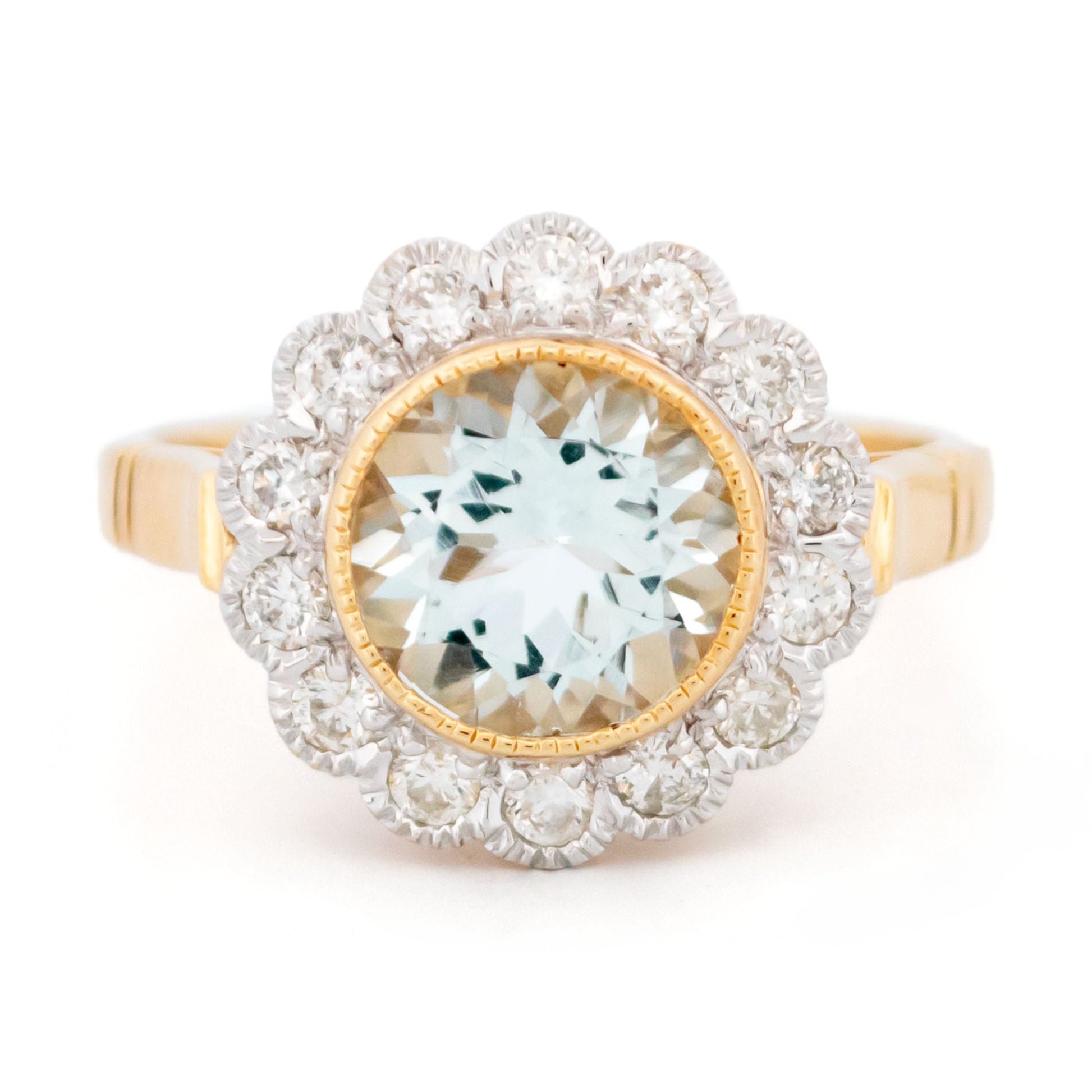 14 Carat Yellow and White Gold Aquamarine and Diamond Cluster Ring