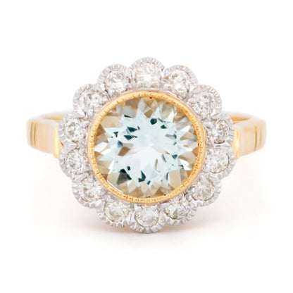 14 Carat Yellow and White Gold Aquamarine and Diamond Cluster Ring