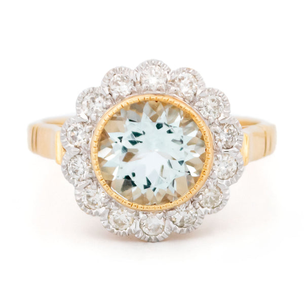 14 Carat Yellow and White Gold Aquamarine and Diamond Cluster Ring
