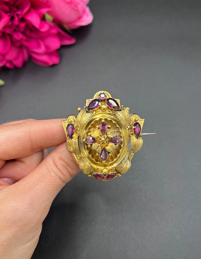 Antique 15ct Gold, Victorian Almandine Garnet Etruscan Design, Locket Back Brooch