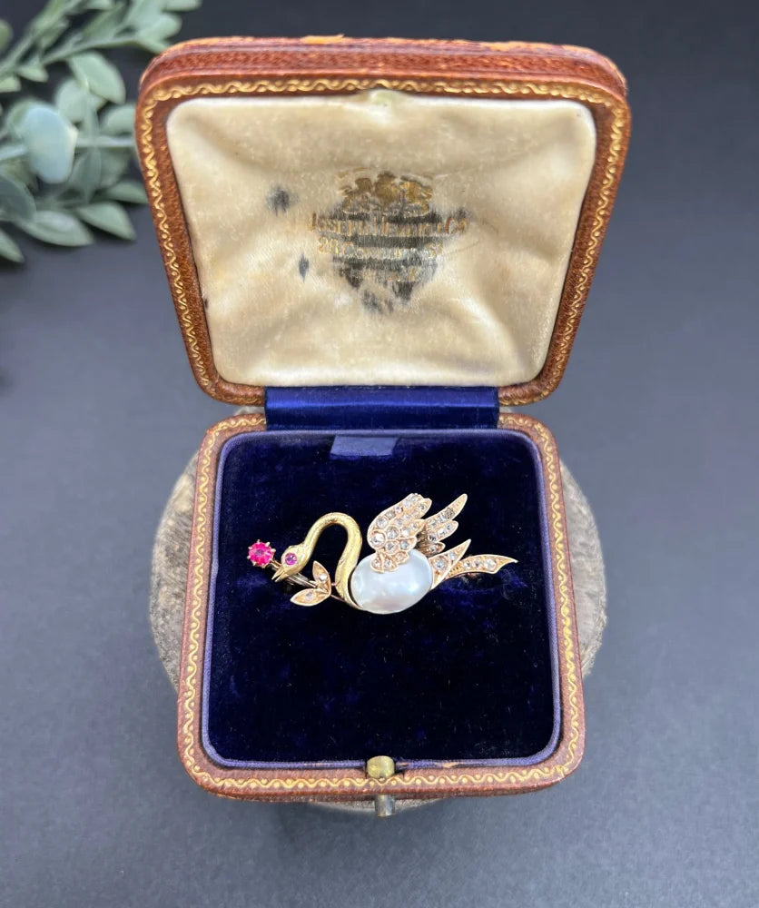 Antique Swan Brooch In 14 Carat Yellow And Rose Gold With Pearl, Rubies And Diamonds