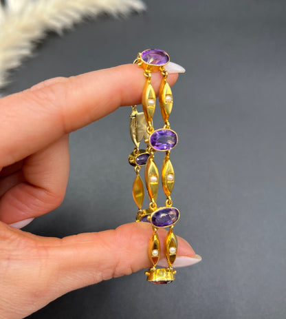Antique Art Nouveau 15 Carat Yellow Gold Amethyst and Seed Pearl Two Row Bracelet
