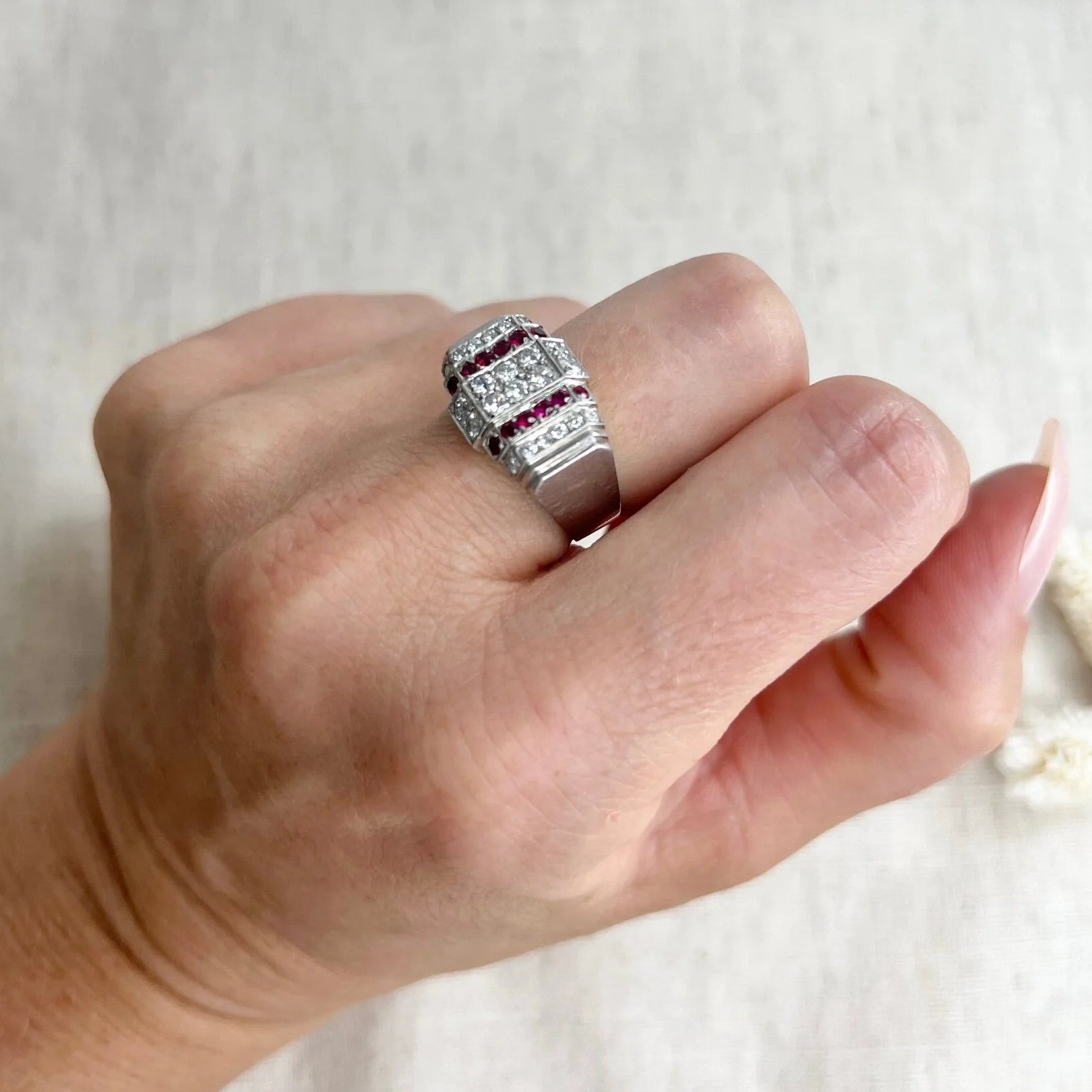 Art Deco Ruby and Diamond Plaque Cluster Tank Ring in Platinum