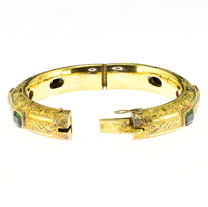 Antique Green Tourmaline Ornate Engraved Carved 18ct Yellow Gold Bangle Bracelet