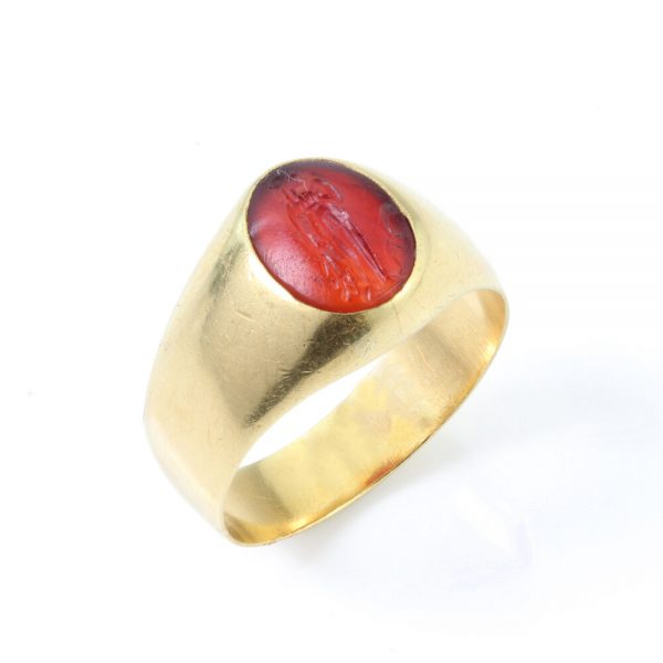 Antique Roman Carnelian Intaglio on Victorian 15ct Gold Ring; Roman Carnelian intaglio of a lady mounted to a 15ct yellow gold Victorian ring shank. Carnelian Intaglio Circa circa 2nd Century A.D. Ring shank made in 1870s