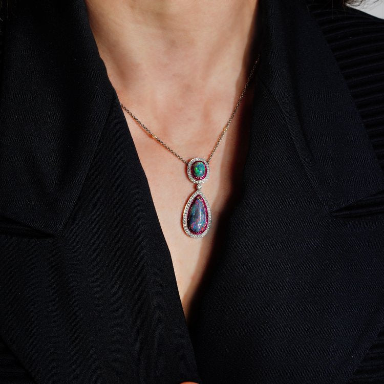 Vintage 4.30ct Black Opal Ruby and Diamond Double Cluster Pendant