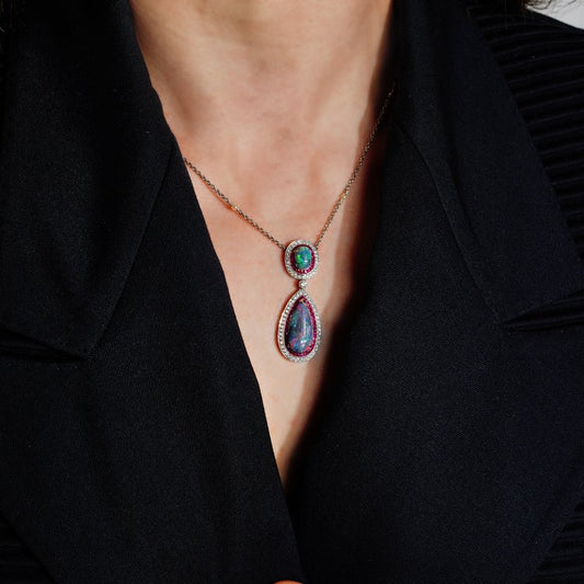 Vintage 4.30ct Black Opal Ruby and Diamond Double Cluster Pendant
