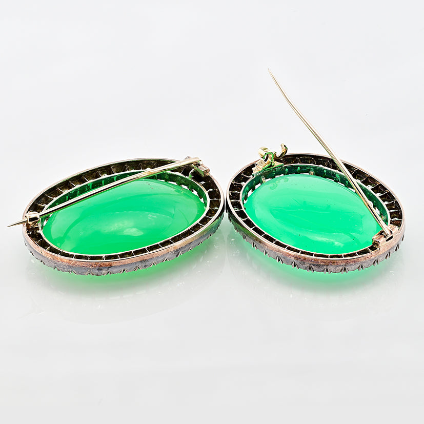 Victorian Antique 127.5cts Chrysoprase and 11ct Old Mine Cut Diamond Cluster Twin Brooch