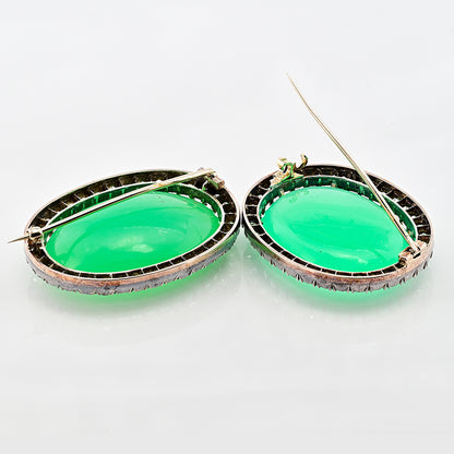 Victorian Antique 127.5cts Chrysoprase and 11ct Old Mine Cut Diamond Cluster Twin Brooch