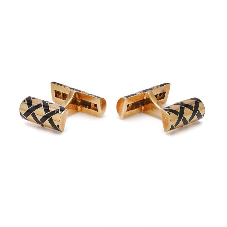 Tiffany and Co Gold Cufflinks with Black Enamel and Diamonds