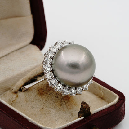 Vintage Black South Sea Pearl and Diamond Cluster Cocktail Ring