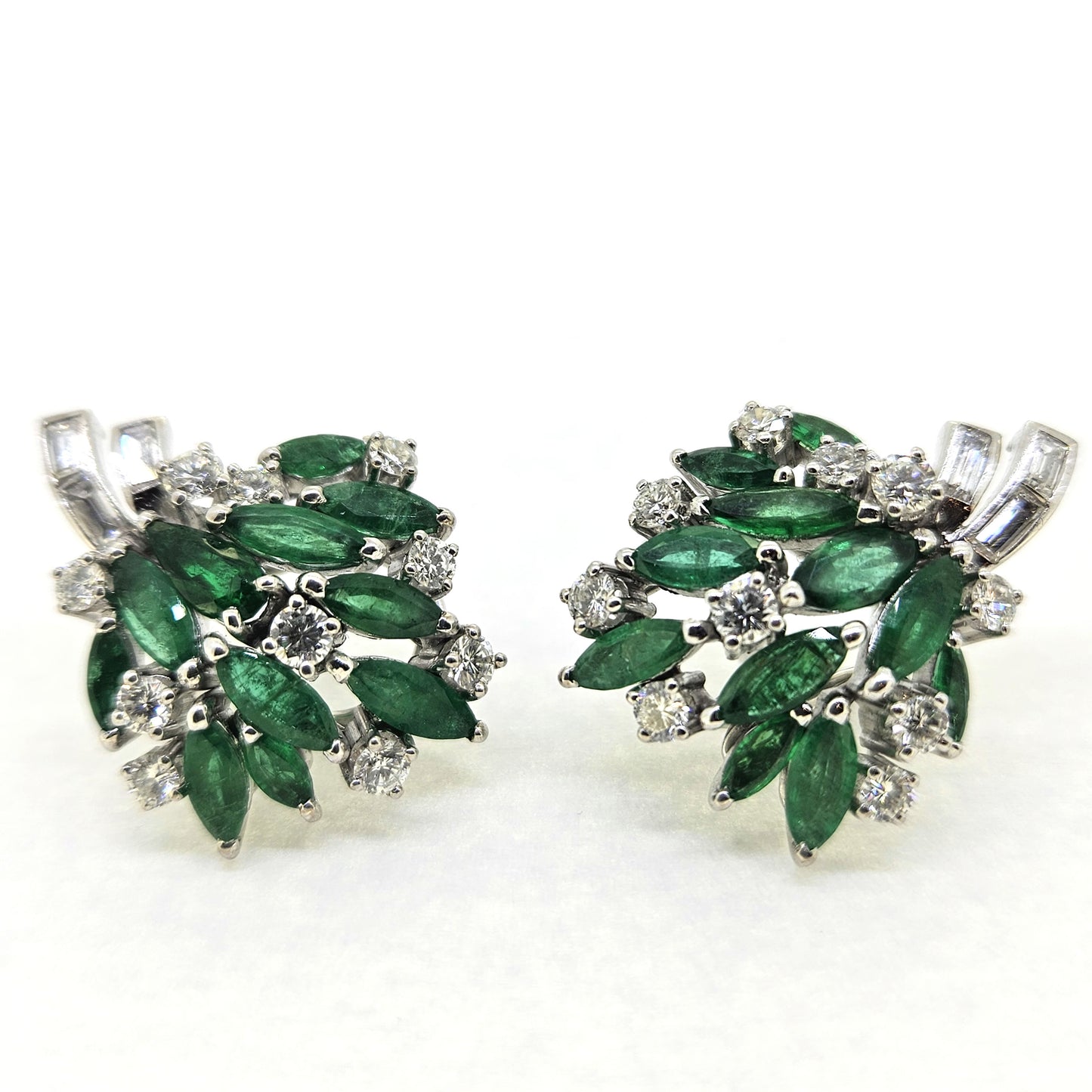 2.20ct Marquise Emerald and 2ct Diamond Cluster Clip Earrings
