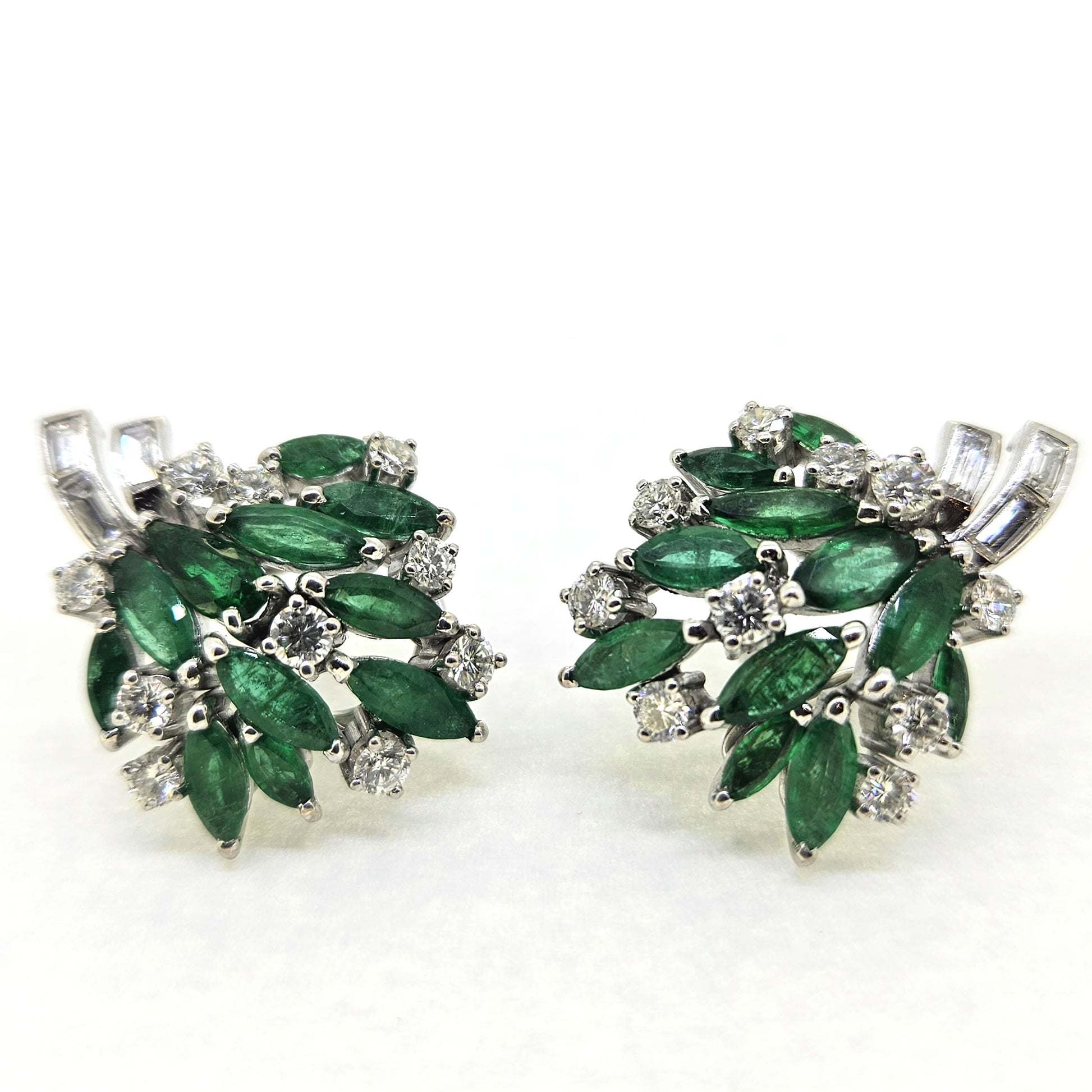 2.20ct Marquise Emerald and 2ct Diamond Cluster Clip Earrings