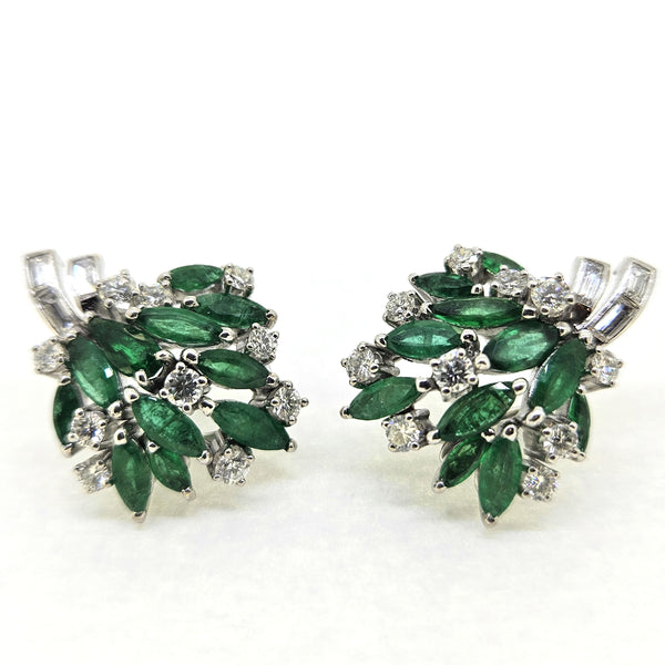 2.20ct Marquise Emerald and 2ct Diamond Cluster Clip Earrings