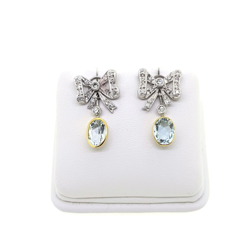Aquamarine and Diamond Bow Cluster Drop Earrings