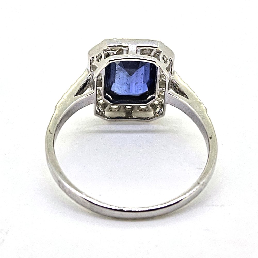 Modern 2.36ct Emerald Cut Sapphire and Diamond Engagement Cluster Ring
