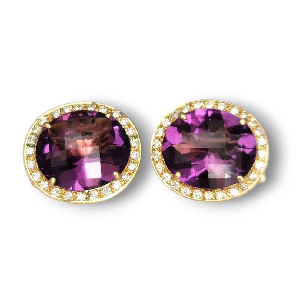 Amethyst and Diamond Halo Cluster Stud Earrings, oval purple amethysts surrounded by halos of sparkling diamonds in 18ct yellow gold