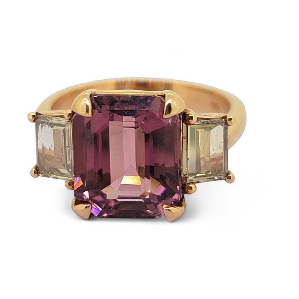 4.73ct Pink Tourmaline and Diamond Three Stone Engagement Ring in 18ct Rose Gold