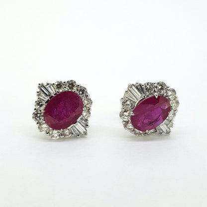Contemporary 2.82ct Oval Ruby and Diamond Cluster Earrings