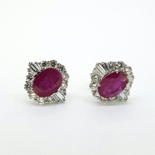Contemporary 2.82ct Oval Ruby and Diamond Cluster Earrings