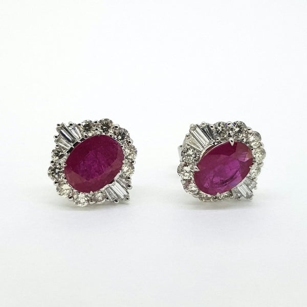 Contemporary 2.82ct Oval Ruby and Diamond Cluster Earrings