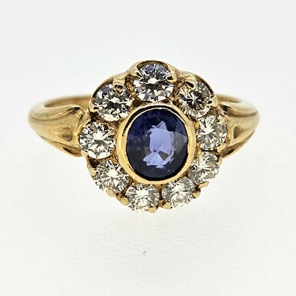 Antique Style Pre Owned 0.90ct Sapphire and Diamond Cluster Ring in 18ct Yellow Gold