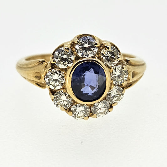 Antique Style Pre Owned 0.90ct Sapphire and Diamond Cluster Ring in 18ct Yellow Gold