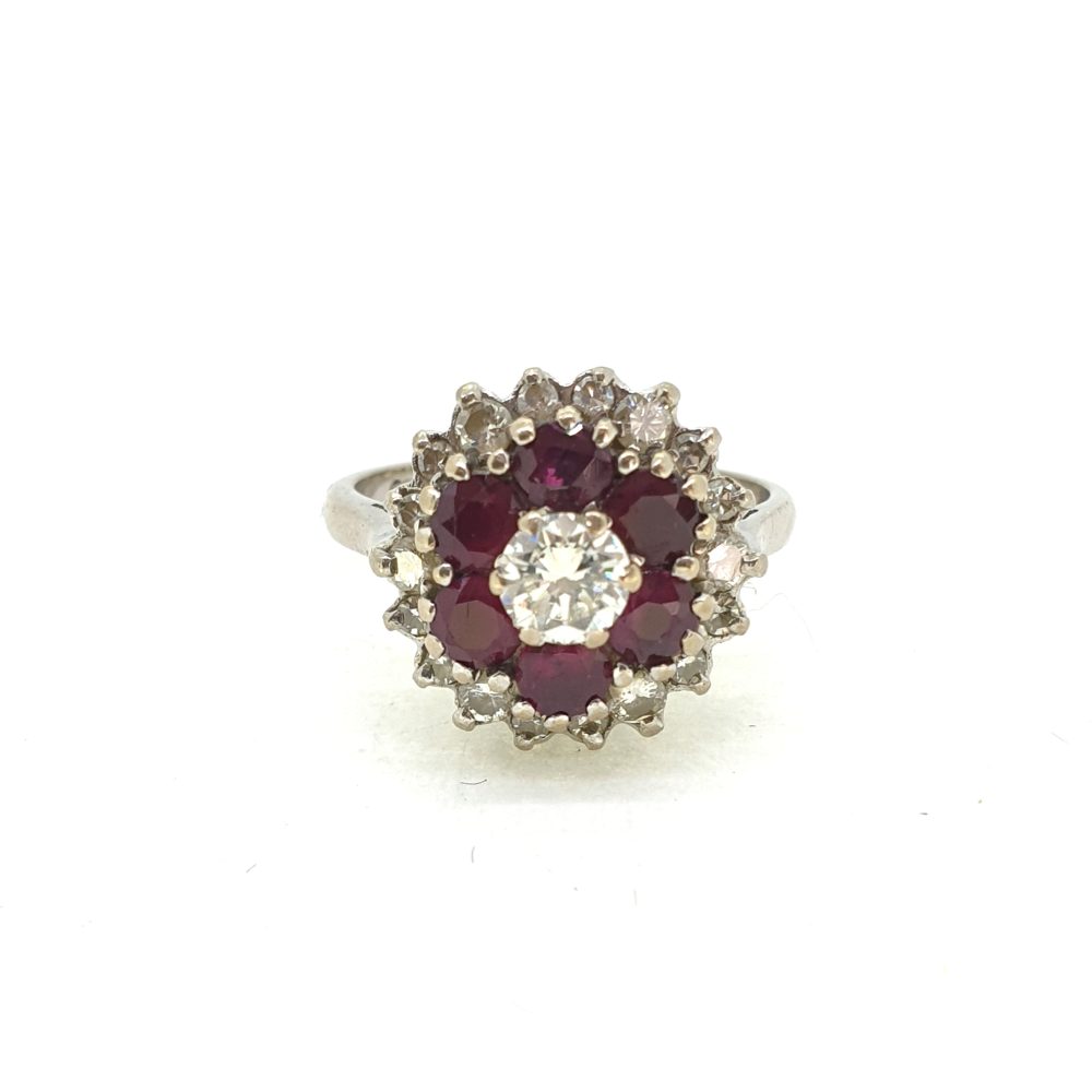 Ruby and Diamond Cluster Ring in 18ct White Gold