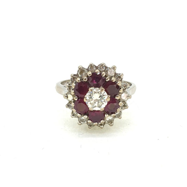 Ruby and Diamond Cluster Ring in 18ct White Gold