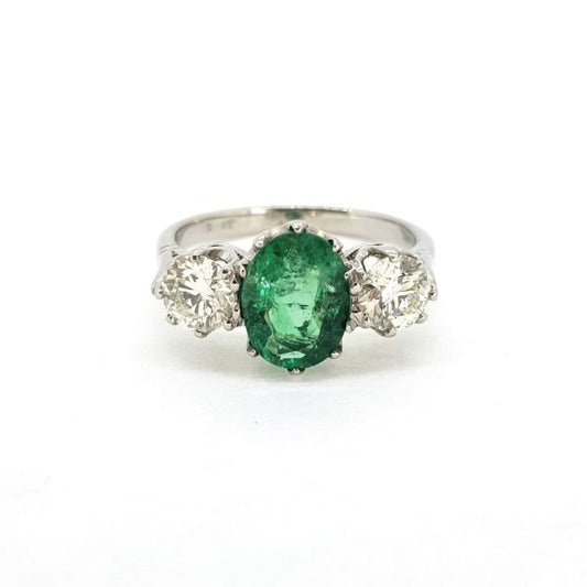 Emerald and Diamond Three Stone Ring in Platinum, 1.80 carats