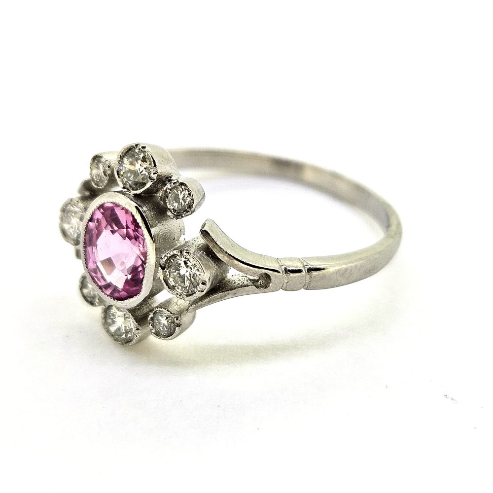 Contemporary 1ct Pink Sapphire and Diamond Flower Cluster Ring in Platinum