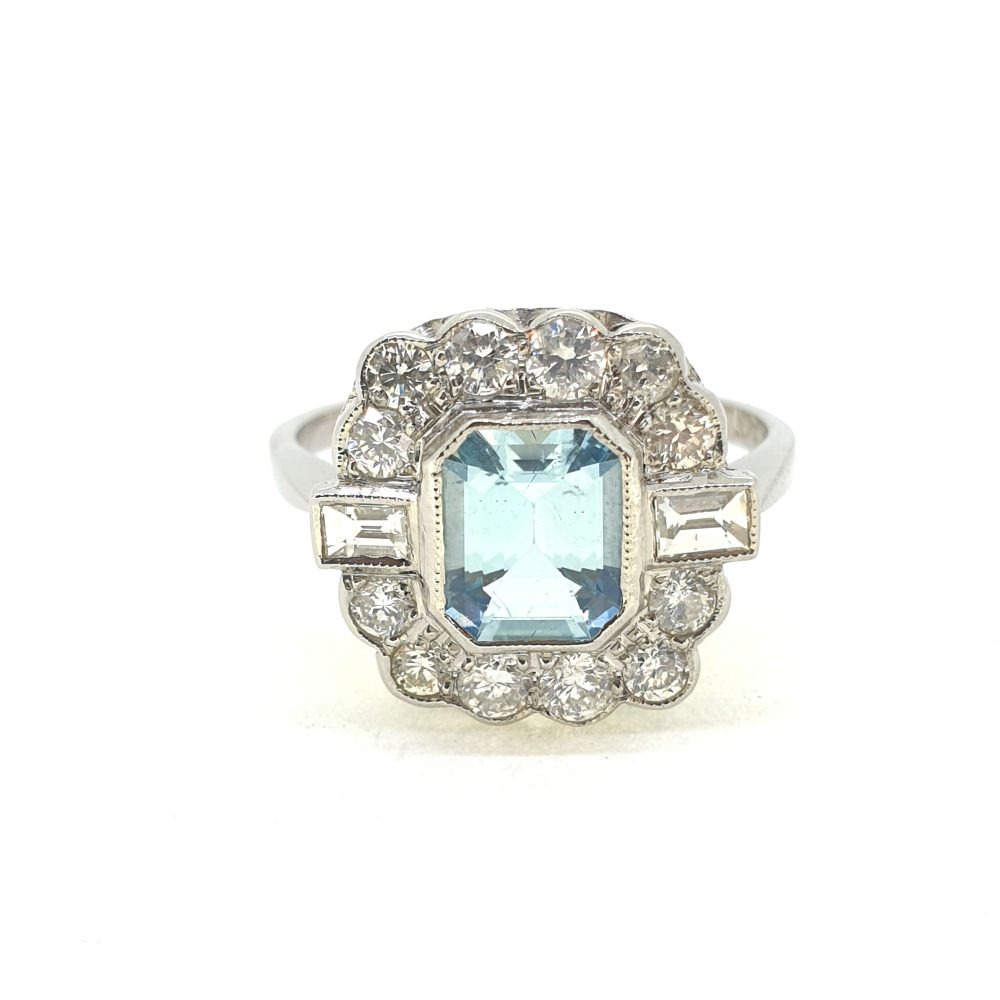 Modern 1.60ct Aquamarine and Diamond Floral Cluster Ring in Platinum