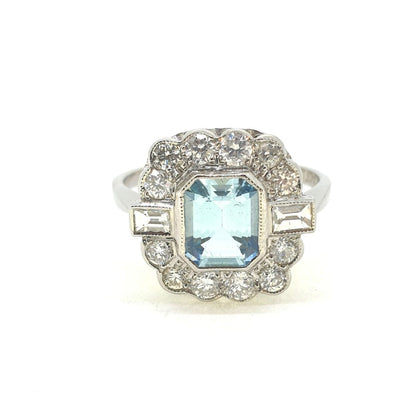 Modern 1.60ct Aquamarine and Diamond Floral Cluster Ring in Platinum