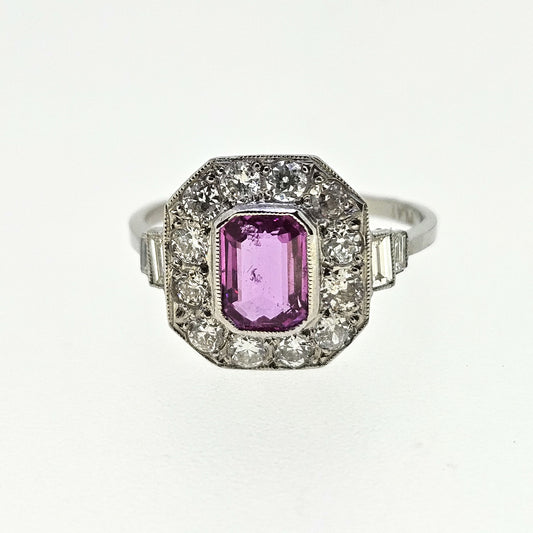 1ct Pink Sapphire and Diamond Cluster Engagement Ring in Platinum
