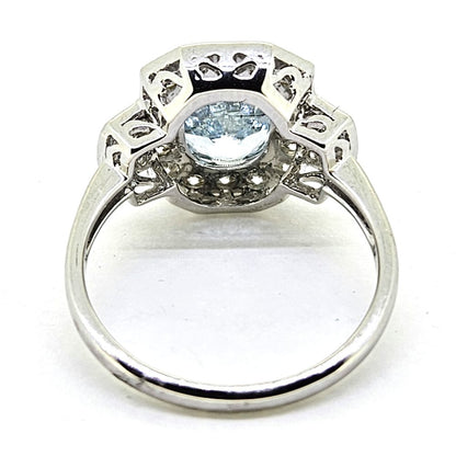 Aquamarine and Diamond Cluster Ring with Buckle Shoulders