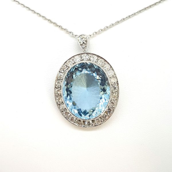 Aquamarine and Diamond Oval Cluster Pendant, 26 carats