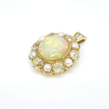 Antique Victorian Opal, Pearl and Old Cut Diamond Cluster Pendant in 18ct Yellow Gold